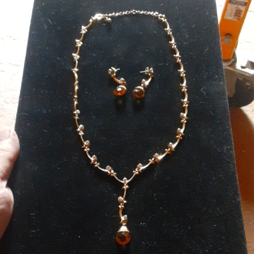 Elegant Gold Tone and Faux Amber Jewelry Set